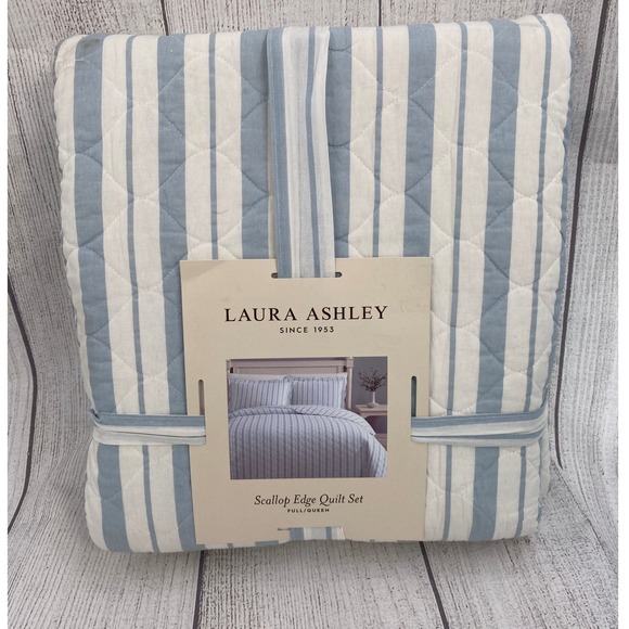 Laura Ashley Other - Laura Ashley Scallop Edge Quilt Set Full/Queen Blue White Striped Feminine Cozy